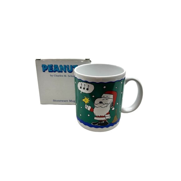 Snoopy Peanuts Green Christmas Santa Coffee Mug Box Gift Holiday Ceramic Vintage - Picture 1 of 14